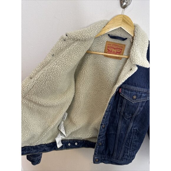 Levi Womens Jacket Medium Blue Denim Sherpa Lined Trucker Jean Snap - Picture 7 of 8